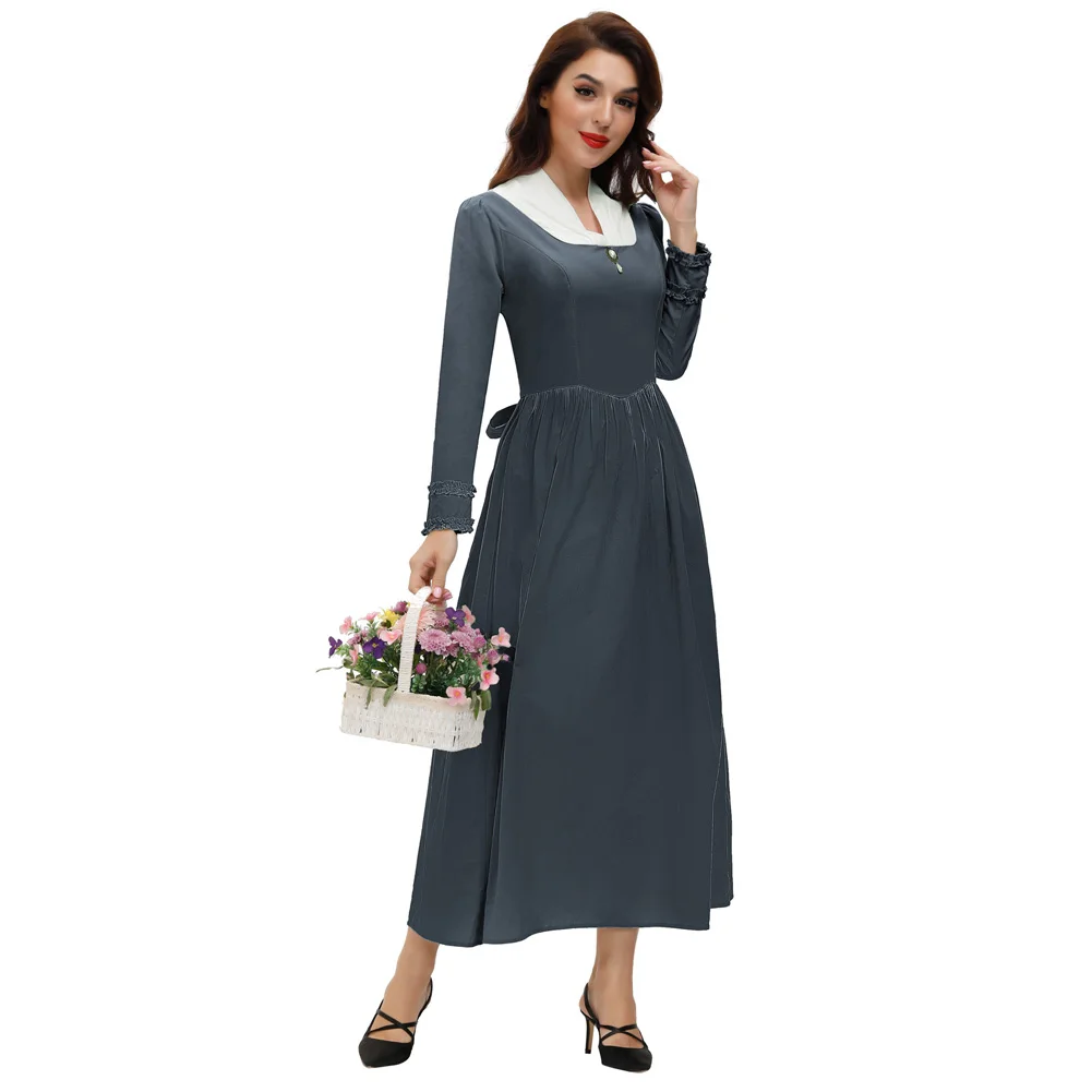 

Retro Dresses Women Renaissance Cotton Dress Autumn Winter Long Sleeve V-Neck Belt Ruffles A Line Mid-calf Club Party Gothic