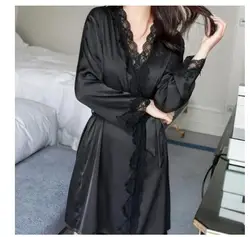 Women's Satin Silk Woman Lace Robe Female Lace Bathrobe Womens Robes Sleepwear Ladies Sexy Robe For Women Drop Shipping