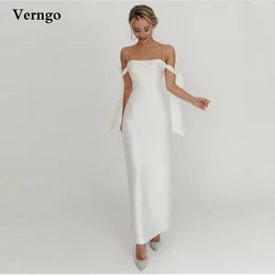 Verngo Simple White Strapless Wedding Party Dresses With Bow Tie Shoulder Ankle Length Formal Dress Buttons Back Bride Gown