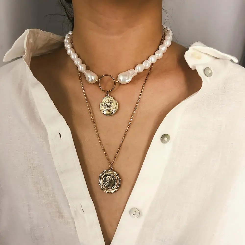 Multi Layer Retro Stereoscopic Necklace Female Personality Profiled Pearl Relief Pendant Necklace Head Coin Necklace Wholesale