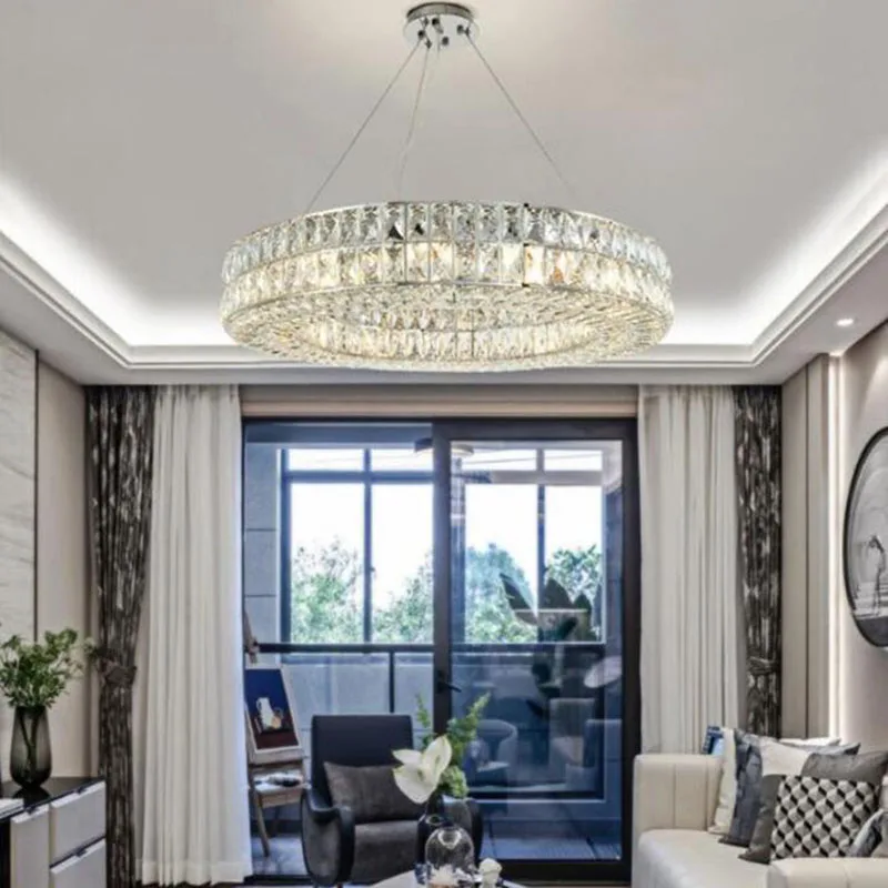 

Современная кольцевая люстра, хрустальная светодиодная лампа, хромированный подвесной светильник для гостиной, столовой - современные люстры