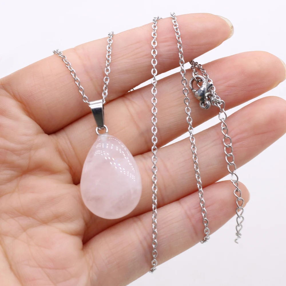 Natural Stone Necklace Drop Shape Crystal Rose Quartz Crazy Agate Opal Blue Turquoise Pendant Neck Chain for Women Jewelry Gifts