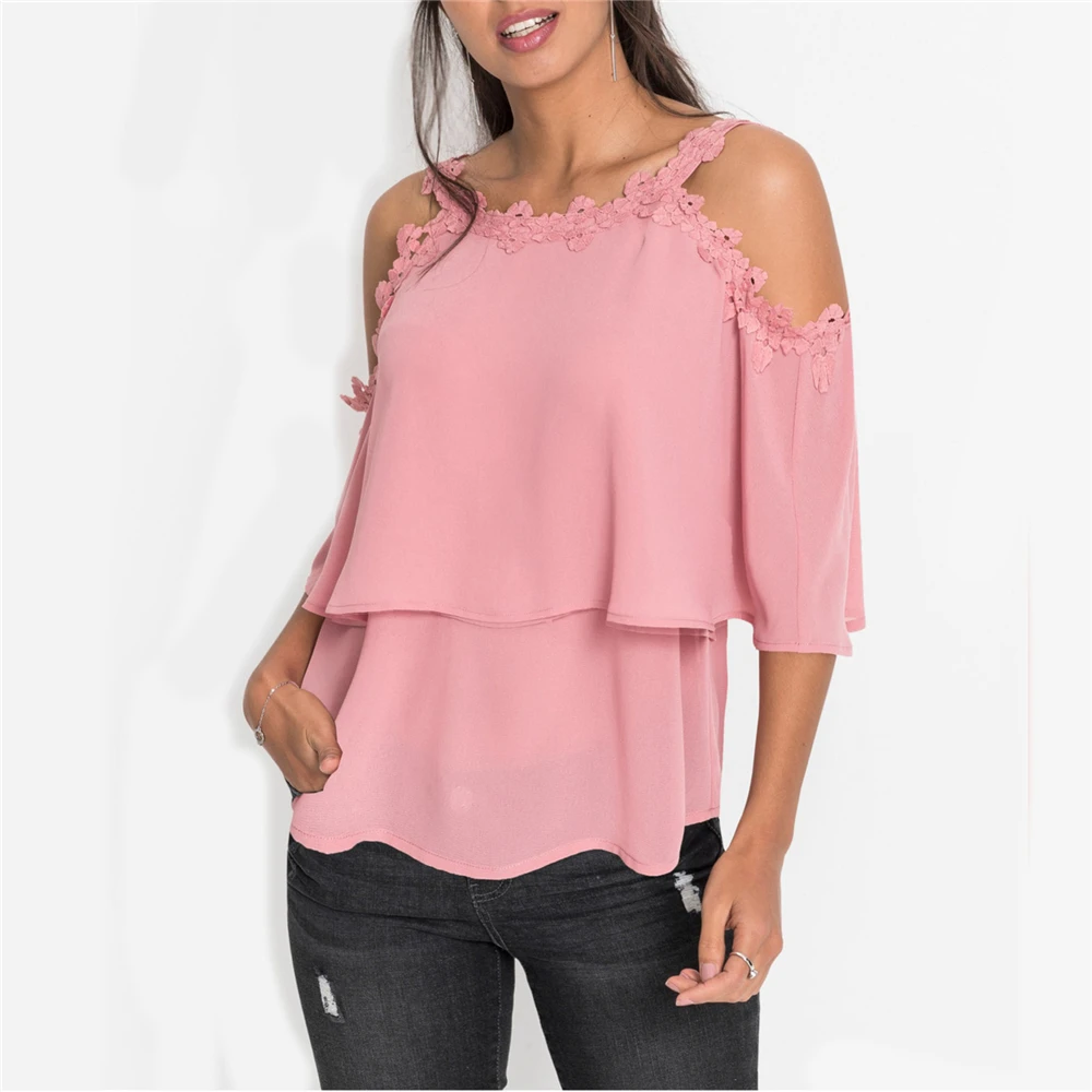 2020 New Pink Floral Spliced Casual Women Tops And Blouses Summer Sexy Solid O-Neck Off Shoulder Loose Three Colors Women Blouse