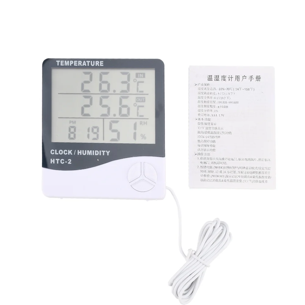 HTC-2 Digital Thermometer Hygrometer Weather Station Temperature Humidity Meter Clock Wall Indoor Outdoor Sensor Probe LCD