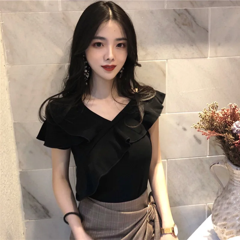 Women White Blouses Off Shoulder Sexy Summer Slim Fit Elegant Tops Female Slash Neck Ruffle Shirt Tops