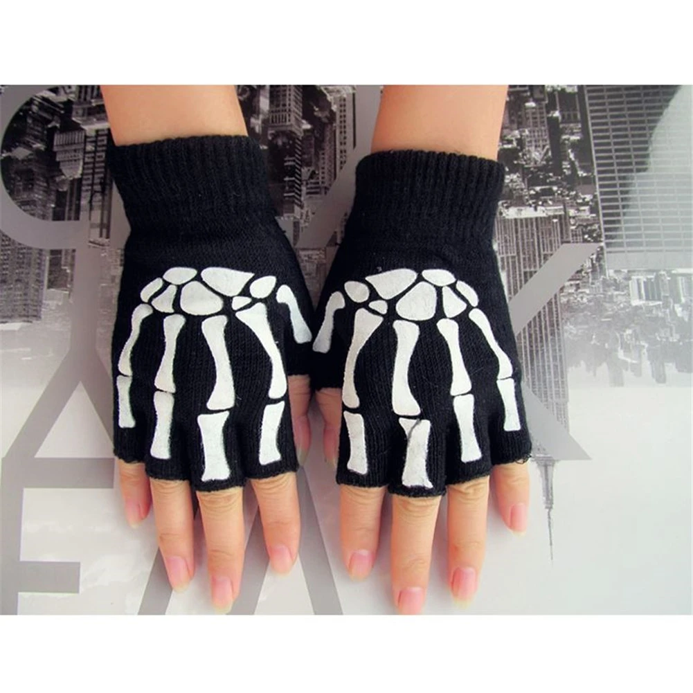 1 Pair Unisex Adult Halloween Skeleton Skull Half Finger Gloves Printing Hand Bone Fingerless Stretch Knitted Winter Mittens