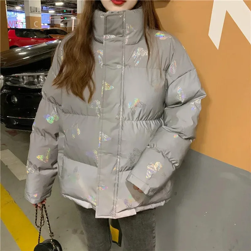 Winter Overcoat Reflective Cotton Jacket Luminous Casual Coat Thick Streetwear Loose Glowing Parka Padded Outwear Puffer Jackets