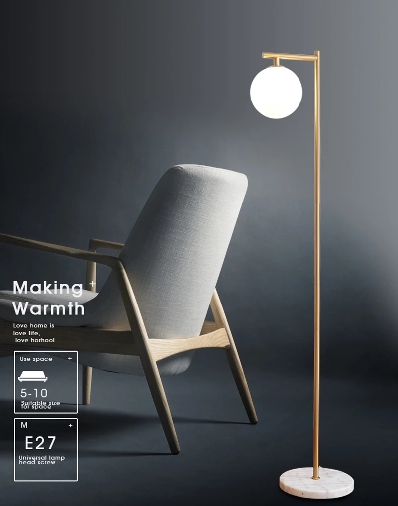 

торшер со стеклянным шаром E27, белое стекло, металл, латунь, отделка, освещение гостиной, настольная лампа