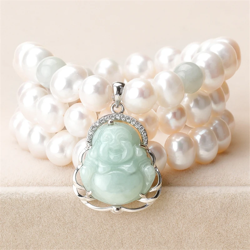 HABITOO 925 Silver Jade Buddha Pendant White Freshwater Pearl Necklace 18inches Jewelry for Women Charming Gifts