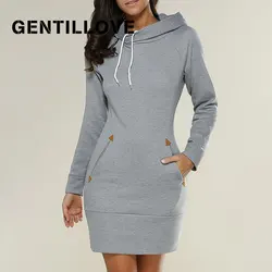 Gentillove w stylu Casual, na zamek błyskawiczny kieszenie sukienka z kapturem w stylu Vintage Harajuku jednolite bluzy elegancka Mini sukienka długi sweter kobiety odzież