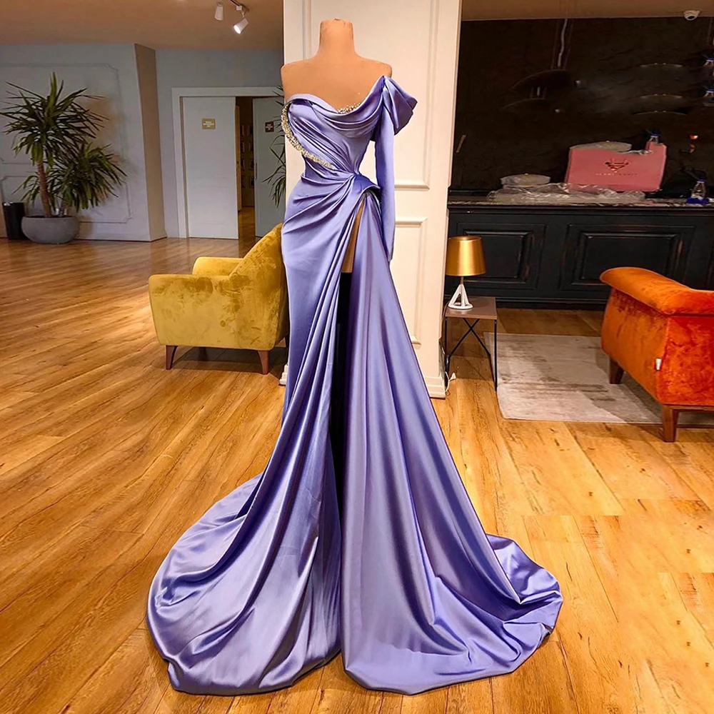 

Lavender Sweetheart Sequined Mermaid Evening Party Gowns Long Sleeves Prom Dress 2022 Beads Celebrity Dresses robes de soirée