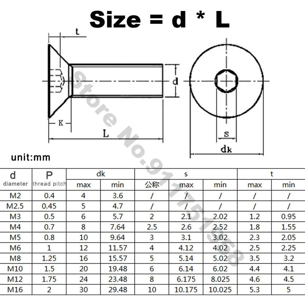 1/50pcs M1.6 M2M2.5 M3 M4 M5 M6 to M16 DIN7991 Black 10.9 Grade Ssteel Hexagon Hex Socket Head Flat Countersunk Allen Bolt Screw