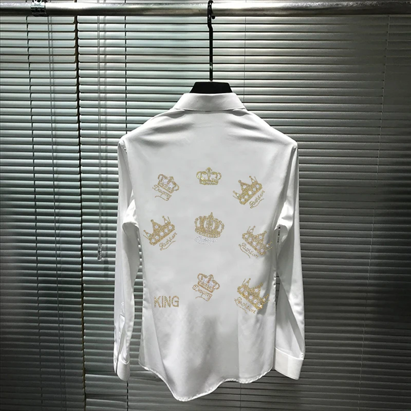 Fall Slim Rhinestone Style Crown Long Sleeve Spring Men's Business Lapel T-Shirt Hot Diamond Design Tops