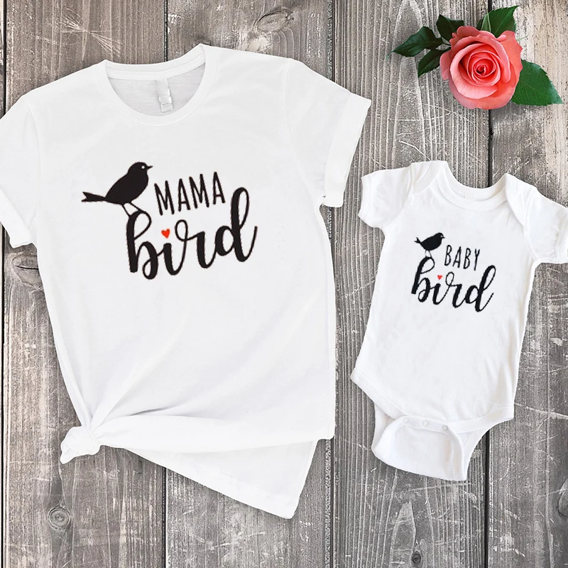 Mama Bird Tee Baby Mom and Daughter Matching Clothes Casual Print Mama Bird Family Shirts Set  Matching M