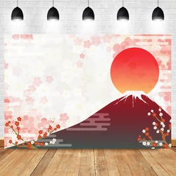 Laeacco Japan Mount Fuji Red Sun Cherry Blossoms Abstract Painting New Year Party Decor Photo Backdrop Photography Background