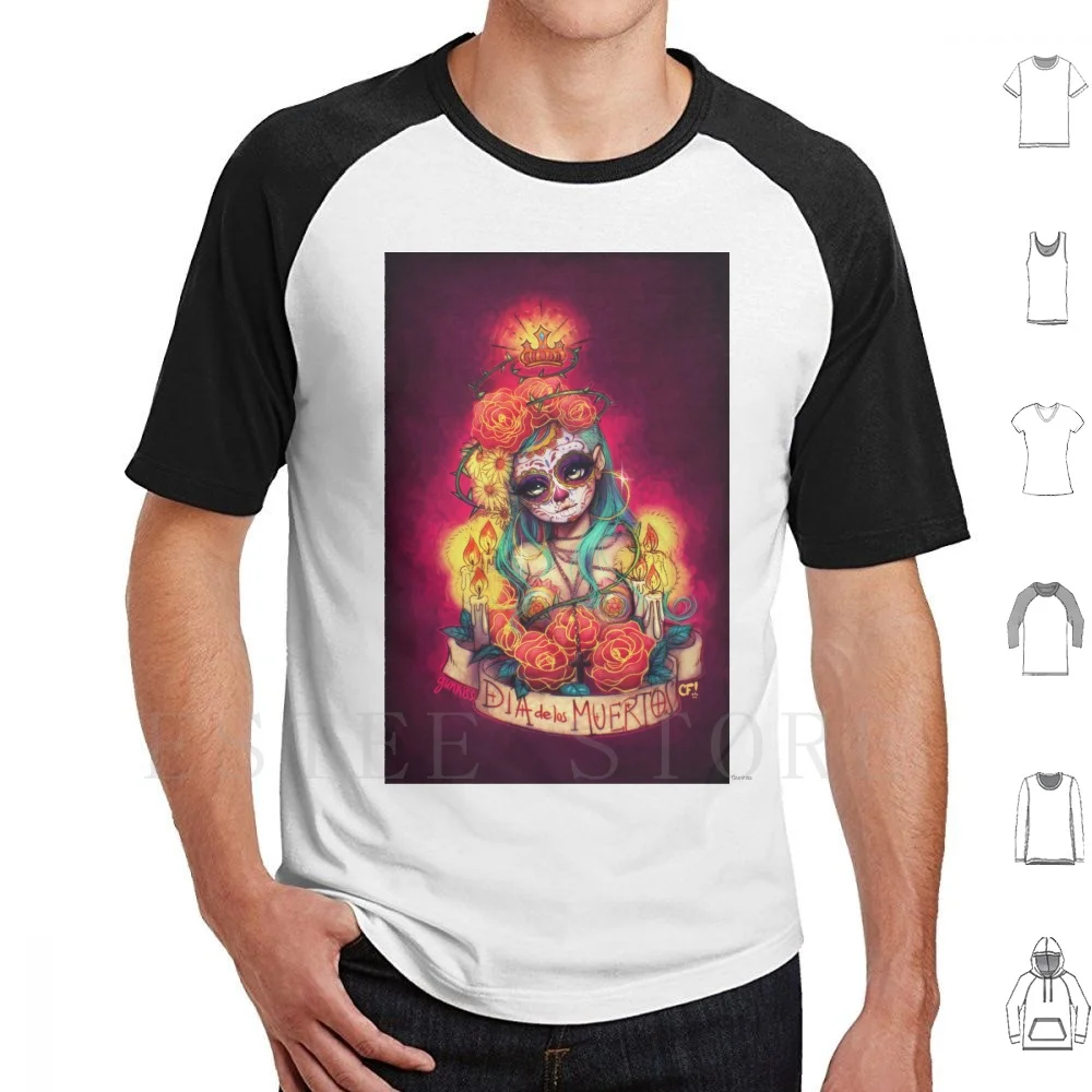 Día De Los Muertos Camiseta estampada algodón D A Dia De Los Muertos Día De Los Muertos Calavera Rosas espinas velas