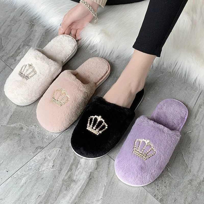 COOTELILI Winter Fashion Women Home Slippers Faux Fur Warm Shoes Woman Slip on Flats Female Fur 1.5cm Heel Plus Size 36-41