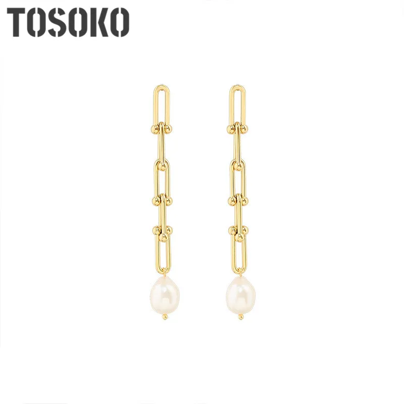 

TOSOKO Stainless Steel Jewelry Link Chain Freshwater Pearl Earrings Female Tassel Earrings Autumn And Winter Earrings BSF346