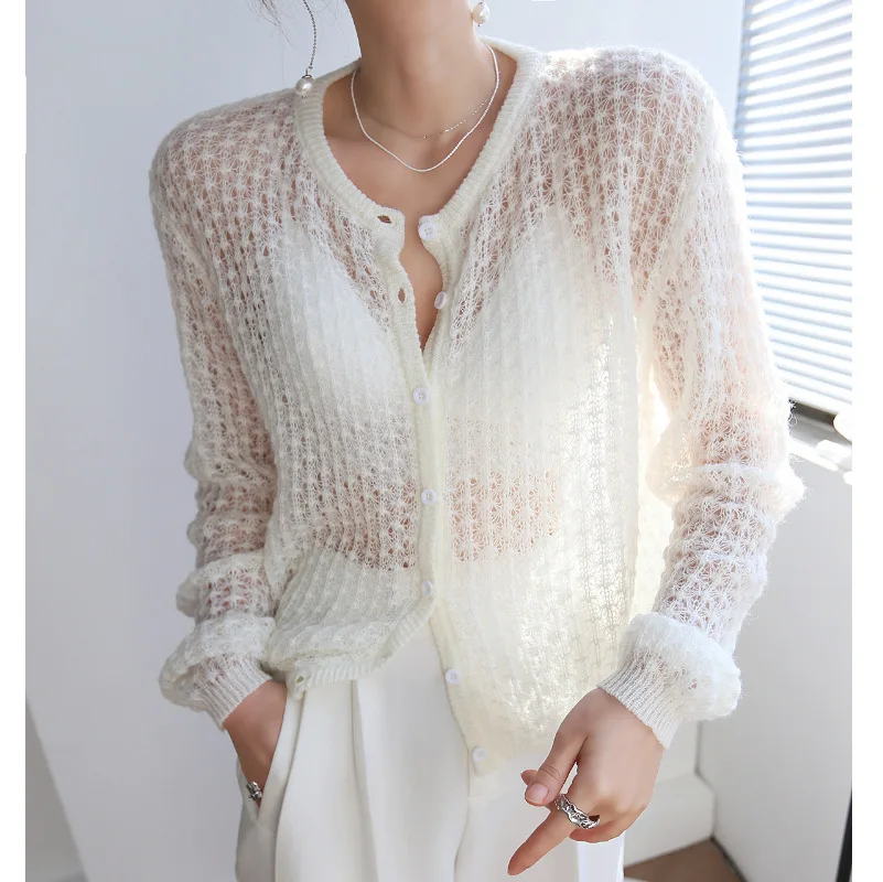 French Gentle Wind Minority Mohair Hook Flower Hollow Breathable Thin Knit Cardigan Sweater 2021 Spring and Summer Women