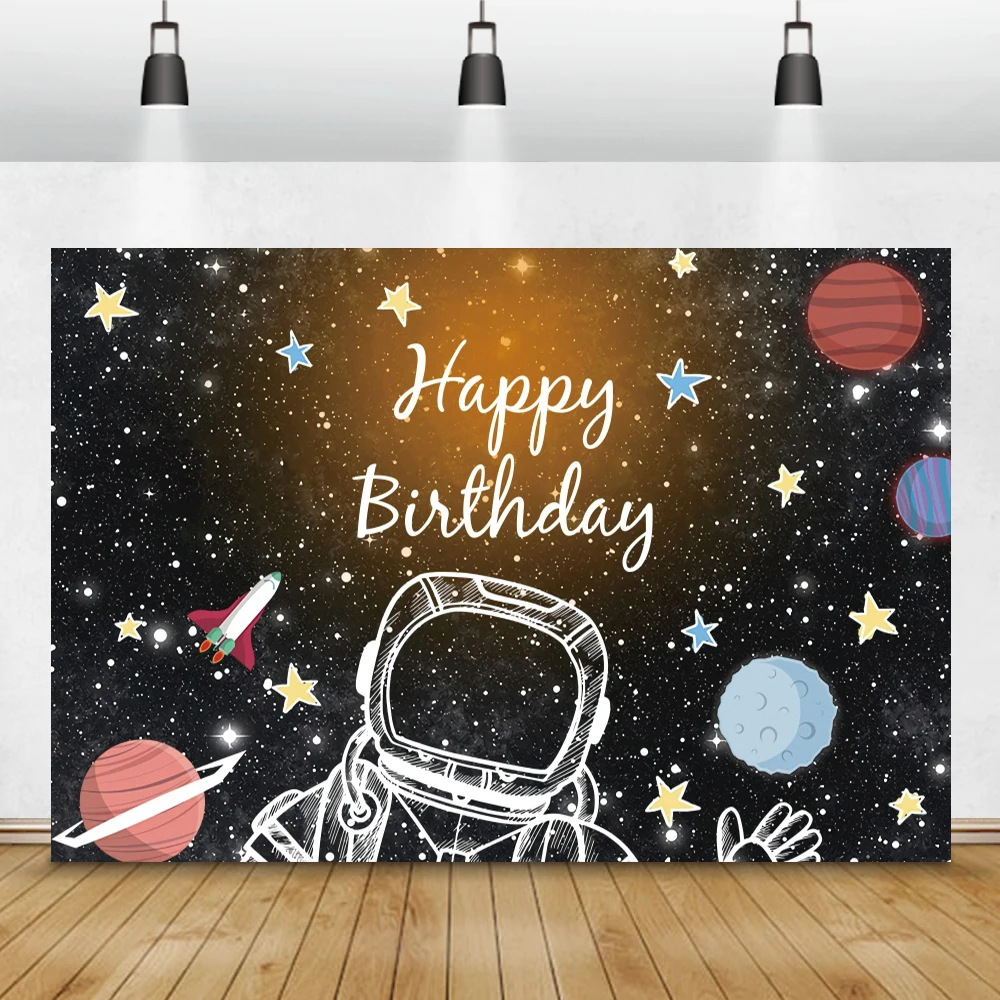 Laeacco Cartoon Astronaut Photo Backdrops Planet Blue Starry Roket Space Station Child Birthday Party Photographic Backgrounds