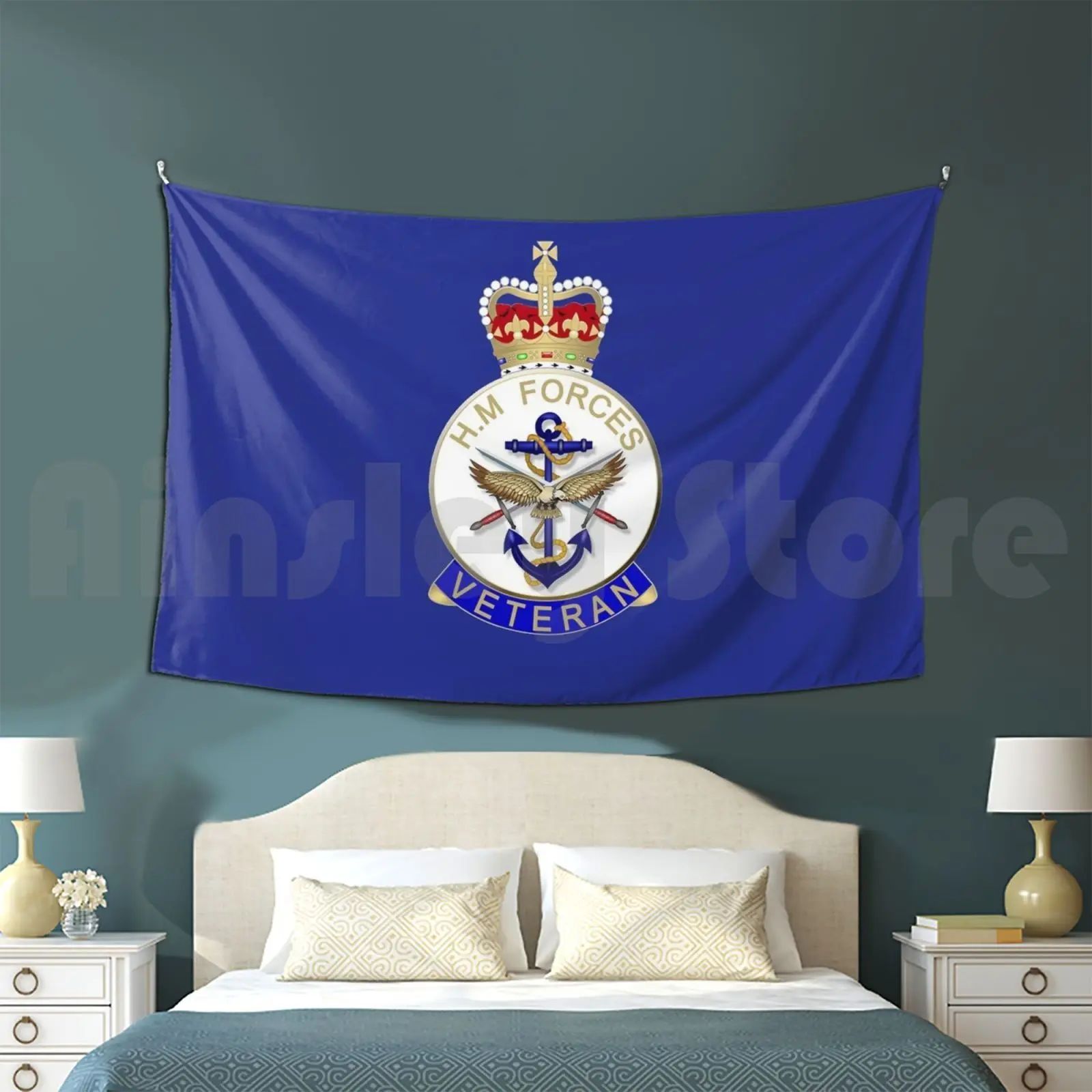 Forces Veteran Badge. British Veteran. On Royal Blue. Tapestry Living Room Bedroom Forces Army Navy Raf Veteran