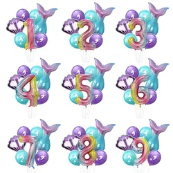 7pcs/lot Rainbow Number Foil Balloons Mermaid Latex Balloon Mermaid Tail Globos Birthday Party Decorations  Anniversary Decor
