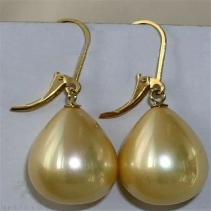 14-18mm Water Drop Yellow shell pearl earrings 18K Dangle women Mesmerizing chic elegant