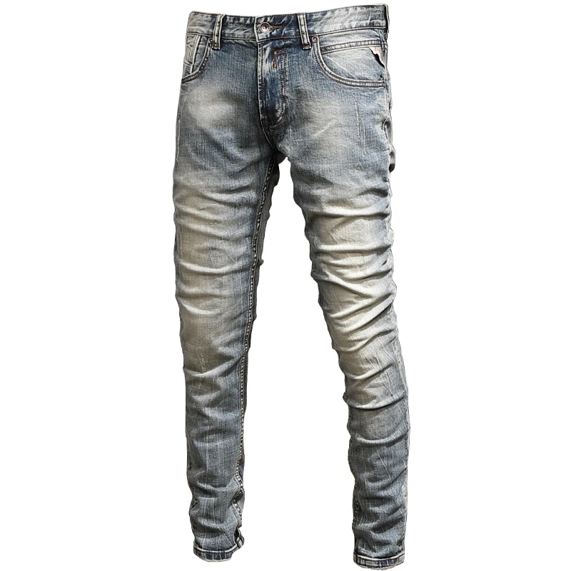 Vintage Jeans Men Streetwear Casual Slim Fit Straight Pants Retro Blue Cotton Denim Trousers