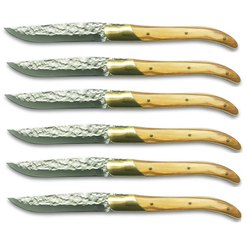 Laguiole Steak Knives Set Olive Wood Handle Japanese Table Knifes Polished Jaws and Hammered Blade Stainless Restaurant Cutlery