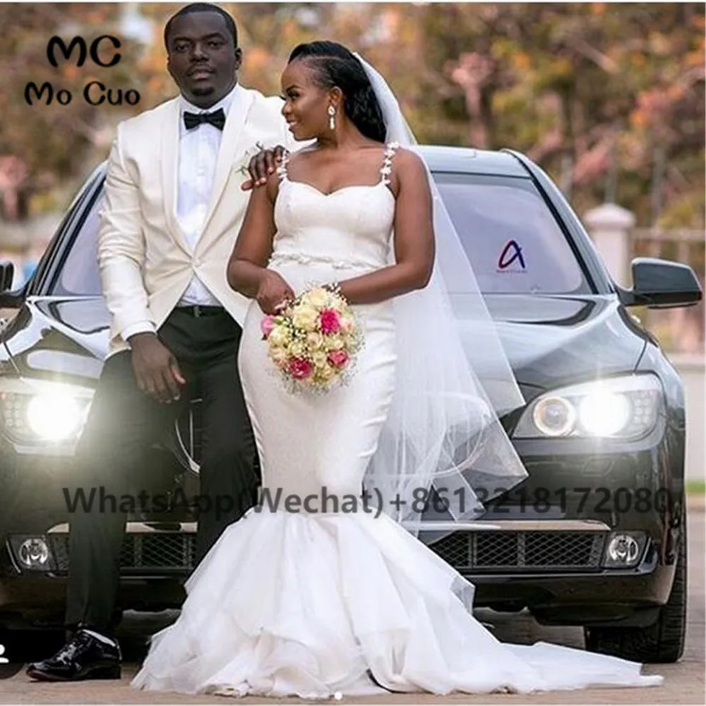 

African 2021 Mermaid Wedding Dresses Long Sweetheart Spaghetti Straps Lace Up Back Bridal Gowns Tulle Boho vestido de novia