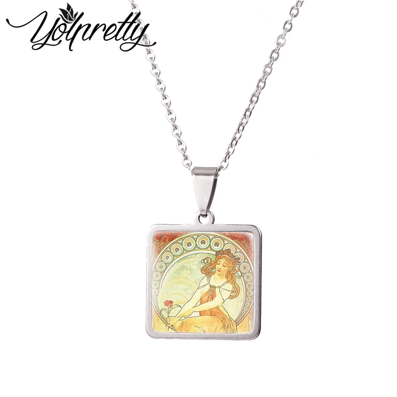 mucha Painting Square Stainless Steel Necklace Glass Cabochon Pendants Necklace Jewelry