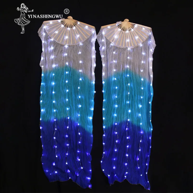 Accesorios de ventilador LED de danza del vientre con batería, luz LED de seda brillante para mujer, 1 par de velo de danza del vientre, accesorios de rendimiento