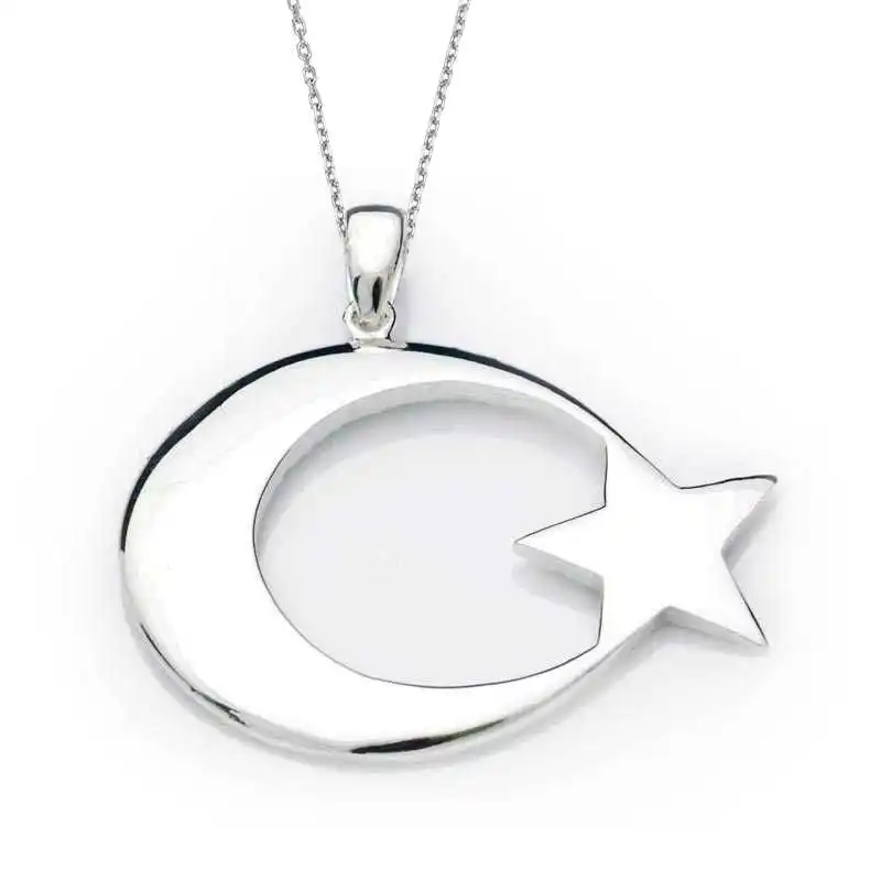 Silver Moon Star Flag Necklace 925 Sterling Women Fine Jewelry Wedding Party Birthday Gift - Box - Pendant - Chain Choker - Female - Ladies - Fashion