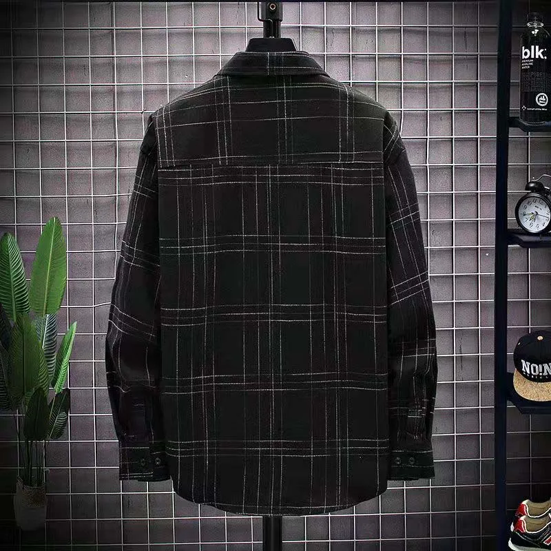 Spring And Autumn New Men's Shirt Loose Large Size Japanese Retro Plaid Long-sleeved Shirt Sanded Coat Hong Kong Style Top