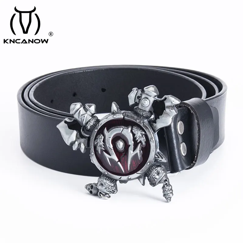 

Men Genuine Leather Belt World Of Warcraft Axes And Shield Vintage Buckle Strap Waist For Male Christmas New Year Jeans Gift