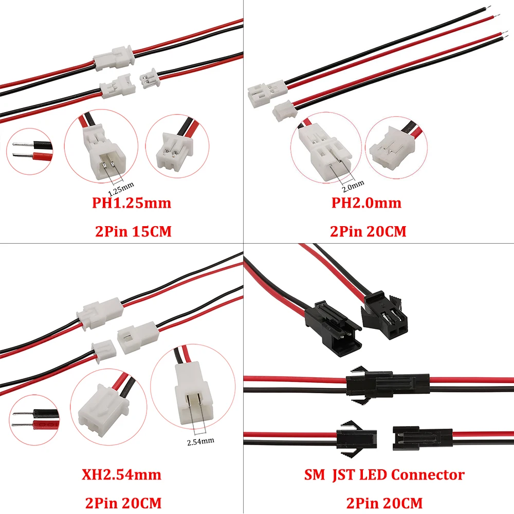 10 Pair Mini JST 2 Pin Connector Male Female Cable PH1.25mm / PH 2.0mm/XH 2.54mm/SM 2P JST Plug Jack Wire DIY Connector For Toys