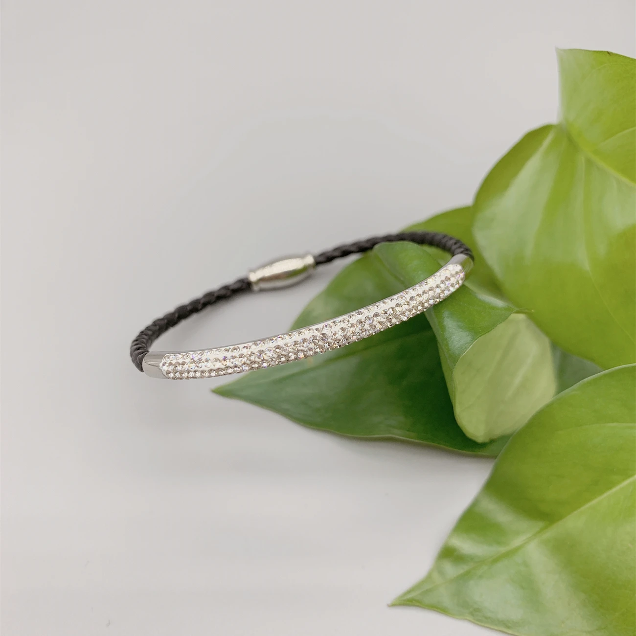 

FoLisaUnique Cubic Zirconia Bar Leather Bracelet For Women Girls Birthday Gift Magnet Clasp Rhinestones Stainless Steel Bracelet