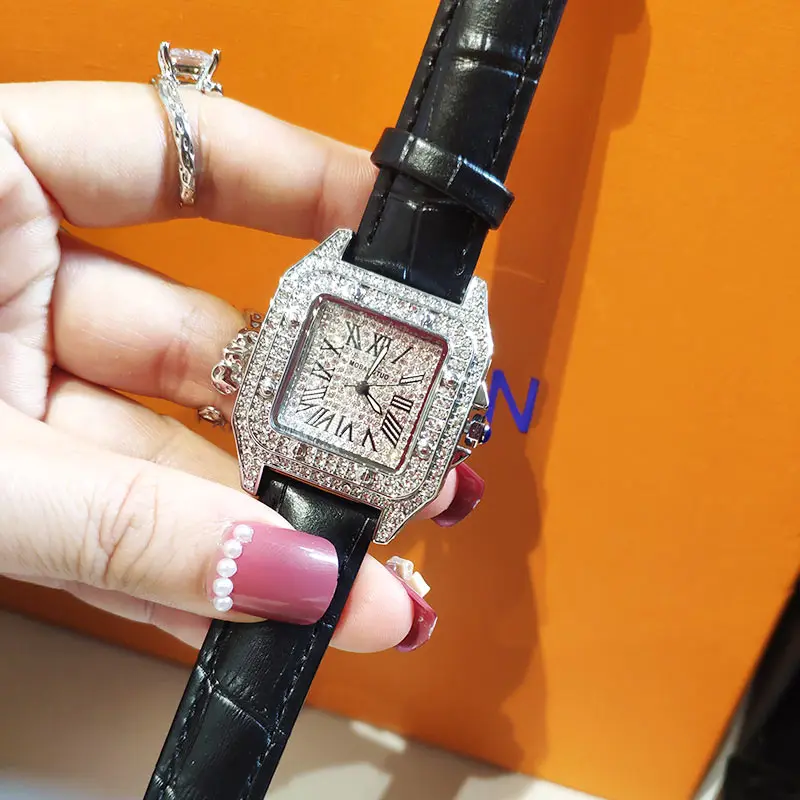 Top Brand Luxury Watch Women Quartz Waterproof Fully Diamond Ladies Watch Silver Square Couple Watches With Rhinestone