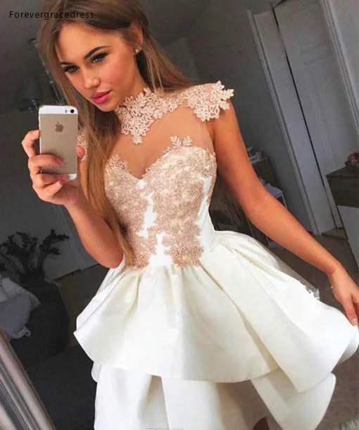 2019 Cheap Short High Neck A Line Lace Applique Homecoming Dress Juniors Sweet 15 Graduation Cocktail Party Dress Plus Size