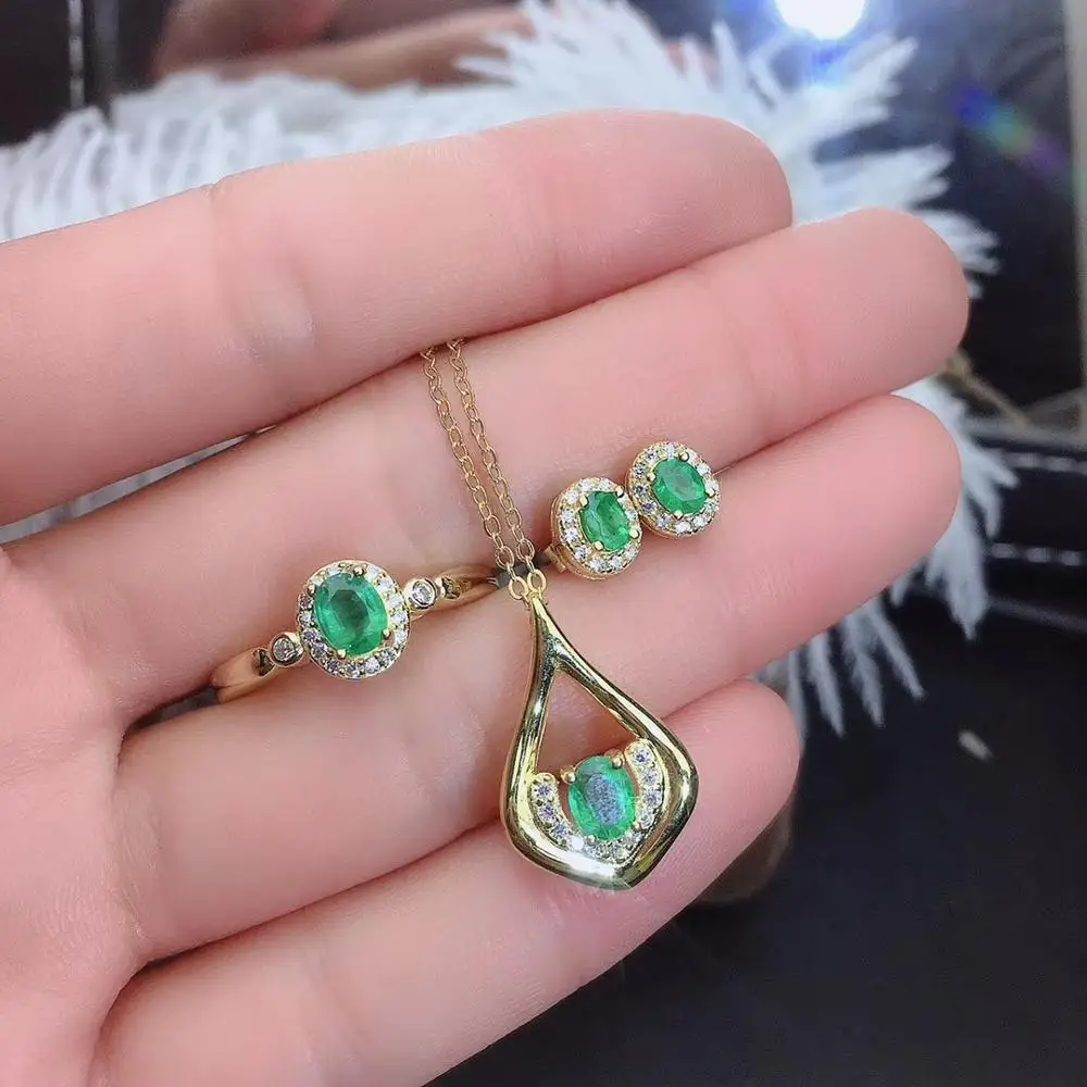 KJJEAXCMY Fine Jewelry 925 sterling silver inlaid natural emerald ring pendant earring set fashion supports test