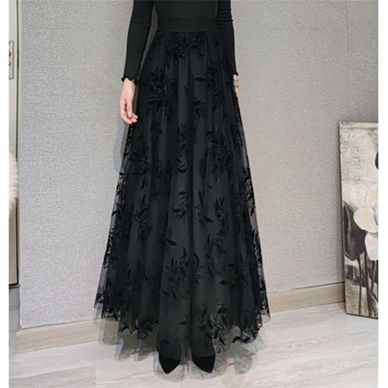 2022 New Plus Size 5XL Fashion Female High-quality Black and White Big Flower Mesh Women's Elegant Long Maxi Skirts for Womens