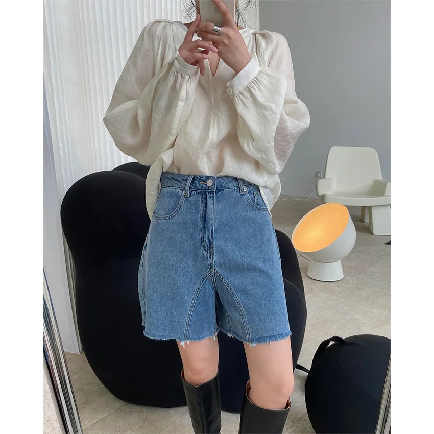 2021 Zomer Nieuwe Stiksels Vrouwen Hoge Taille Losse Dunne Wijde Pijpen Straight Denim Shorts