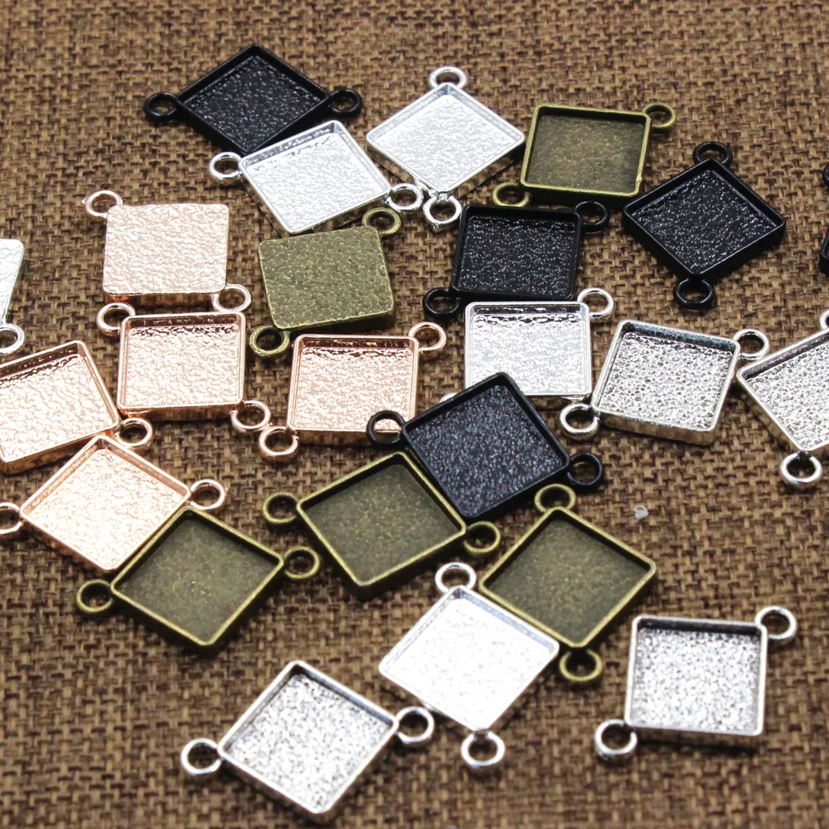 Fit 12mm Square Pattern Glass Cabochons Pendant Charm 2 loops Base Blank Setting Bezel For DIY Making accessories Gift 20pcs