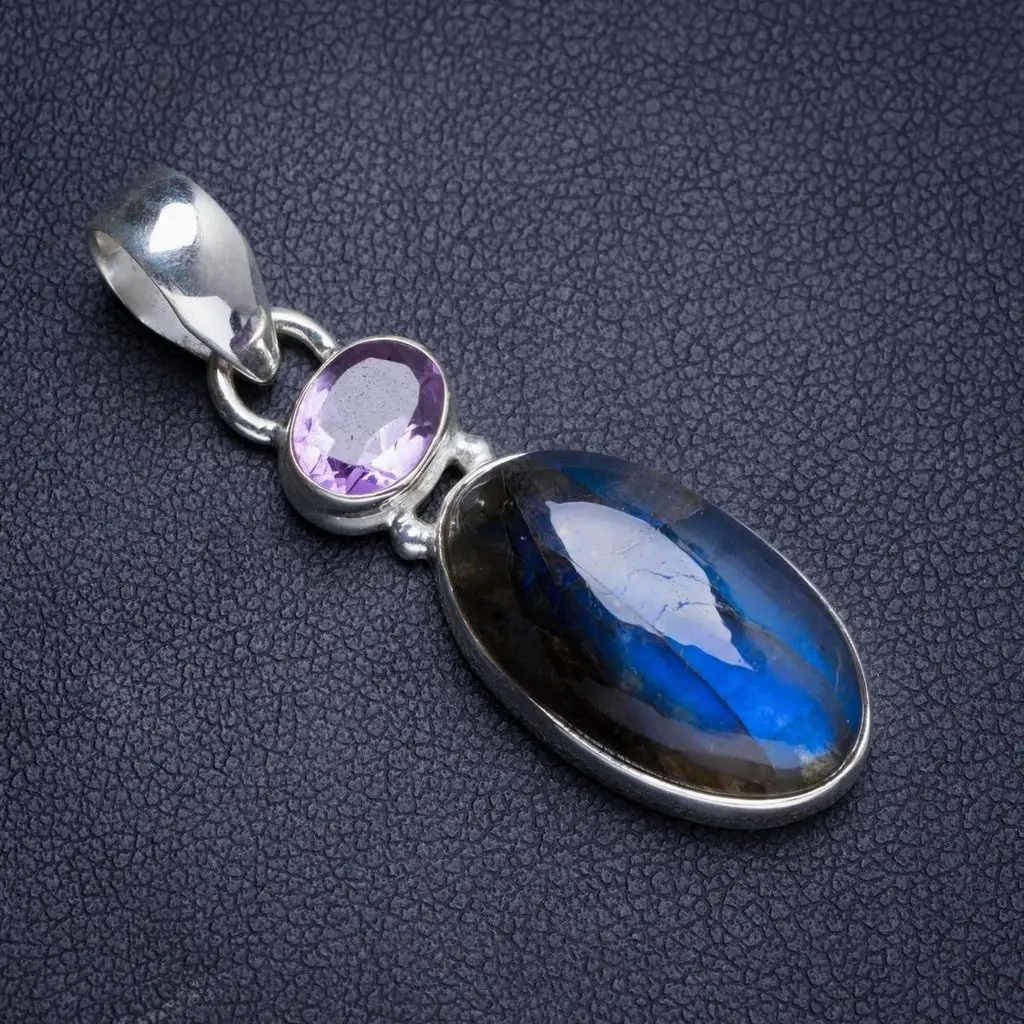 

Natural Blue Fire Labradorite and Amethyst Handmade Unique 925 Sterling Silver Pendant 1.75" Y5068