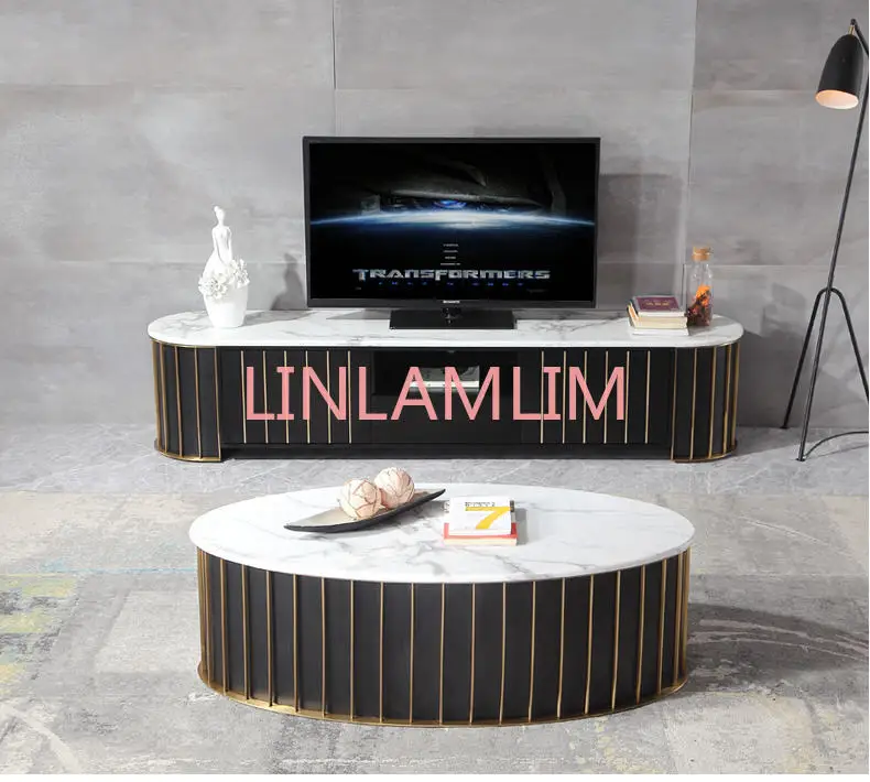 

gold Stainless steel TV Stand modern Living Room marble coffee table + tv led monitor stand mueble tv cabinet mesa tv table