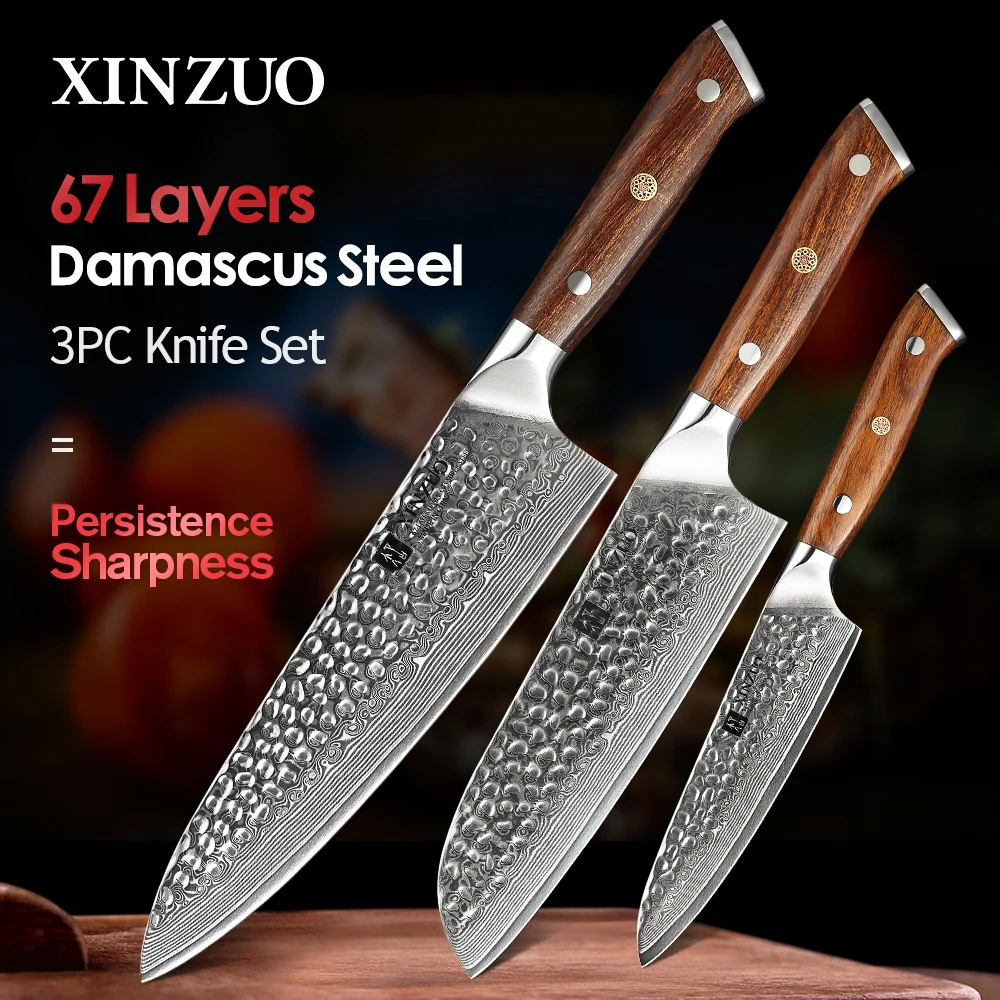 

XINZUO 3PCS Kitchen Knives Set VG10 Damascus Steel Stainless Steel Pro Chef Cleaver Santoku Utility Paring Knife