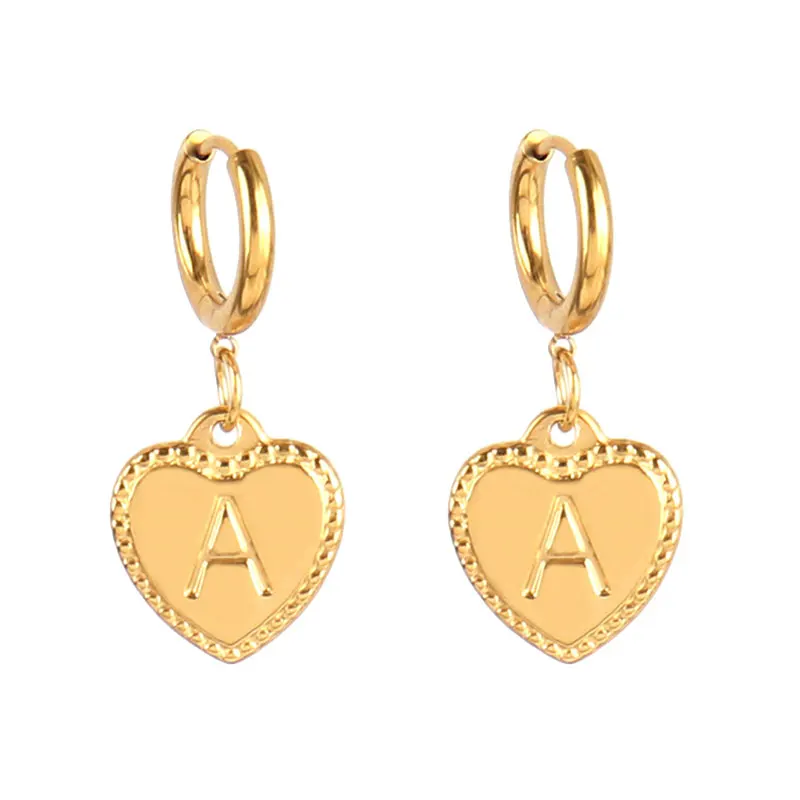 Stainless Steel Earring For Women Jewelry Letter A-Z Engrave Heart Jewelry Earring Love Heart Earrings Charms Hoop Earrings