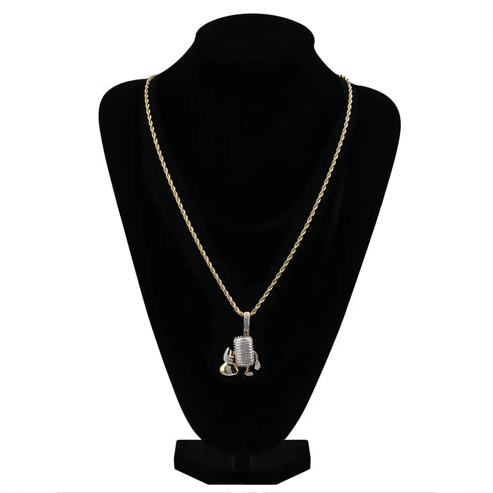 Hip Hop AAA Cubic Zirconia Bling Iced Out Dollar Money Bag Microphone Pendants Necklace for Men Rapper Jewelry Drop Shipping
