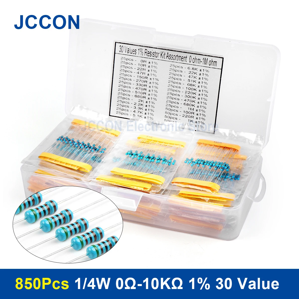 

850Pcs 1/4W 0Ω-10KΩ 1% 30 Value Metal Film Resistor Rang Carbon Film Metal Resistors Assortment Kit Set Resistor