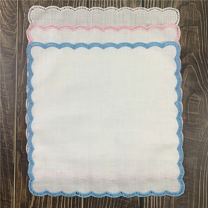 Juego de 12 pañuelos de boda de moda, 12x12 ", ramio Blanco/pañuelos de lino con bordes bordados, pañuelo Vintage